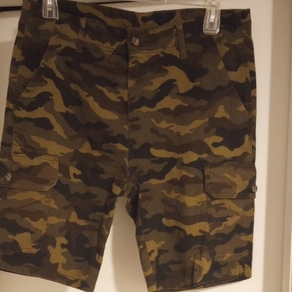 Brown and Green Cargo Shorts with Camouflage Design